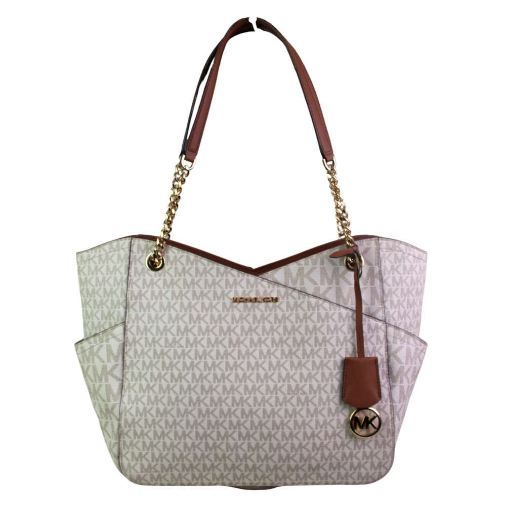 ROOMY Michael Kors WHITE COATED CANVAS MK PRINT SHOULDER BAG TOTE HANDBAG PURSE